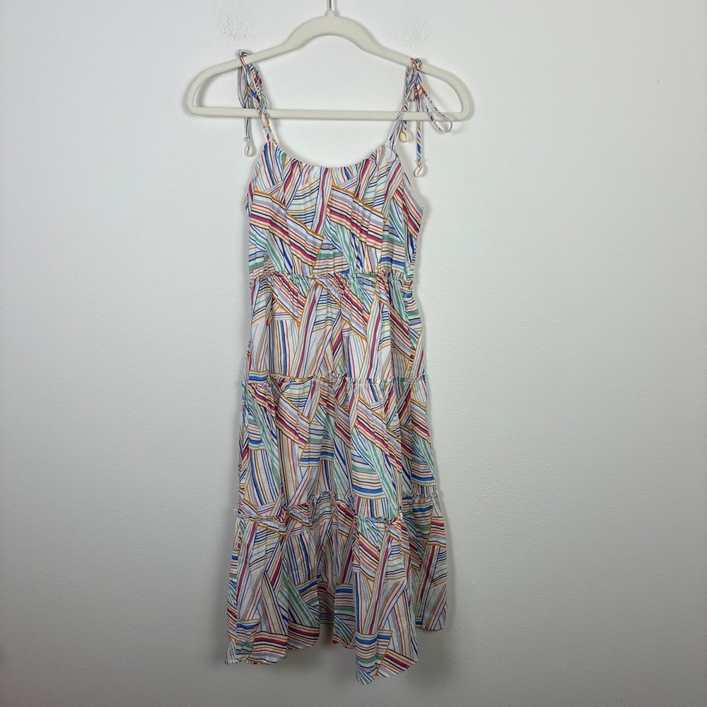 Lili Sidonio Smocked Tiered Midi Dress Multicolor Stripe Tie Shoulder XS